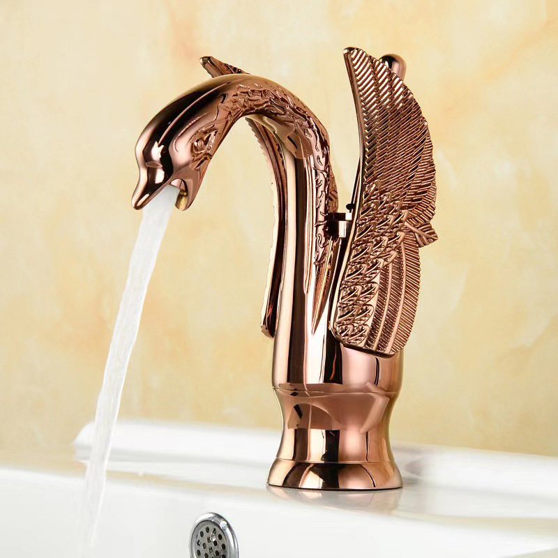 Wholesale European Style 2024 High Quality Gold Color Swan Taps Brass Material Bathroom Sink Basin Faucets