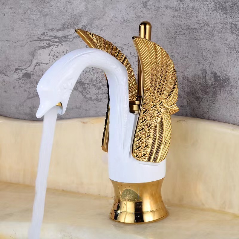 Wholesale European Style 2024 High Quality Gold Color Swan Taps Brass Material Bathroom Sink Basin Faucets