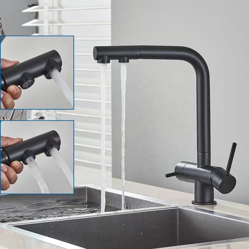 2024 New Product Brass Pull Out Sprayer Kitchen Mixer Sink Faucets Three Ways Water Filter Kitchen Mixer Faucet