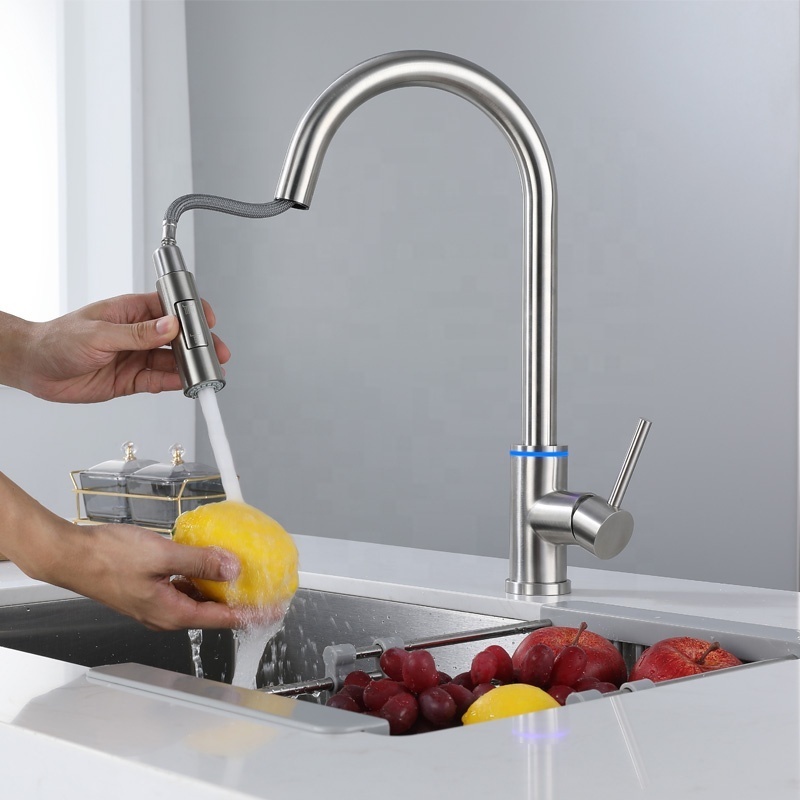 2024 New Product Touchless Kitchen Faucets Pull Out LED Three Color Change Smart Hot and Cold Mixer Kitchen Tap