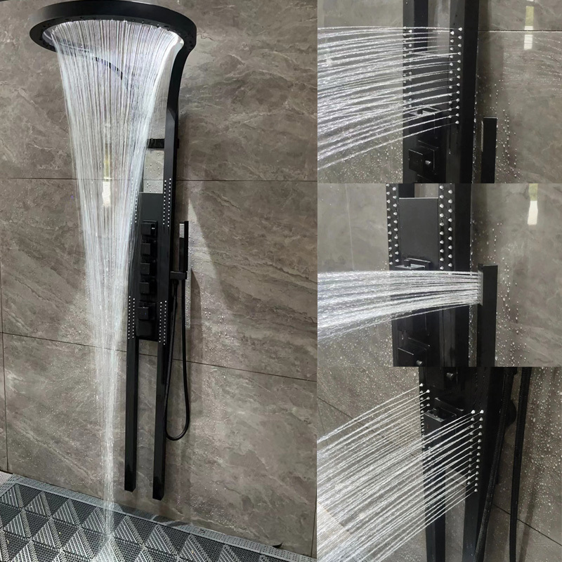 2024 Hot Sale Black Brass Wall Mounted Multi Function Bathroom Waterfall Rainfall Shower Head Set Panel