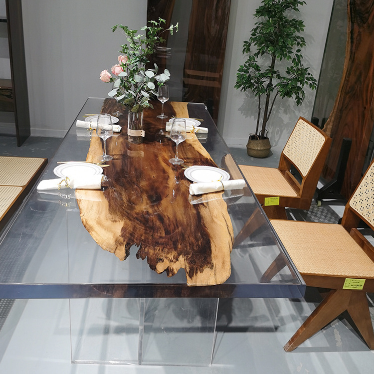 DIY Hand Made Epoxy Resin River Dining Table Wood Live Edge Transparent Resin Table with Acrylic Legs