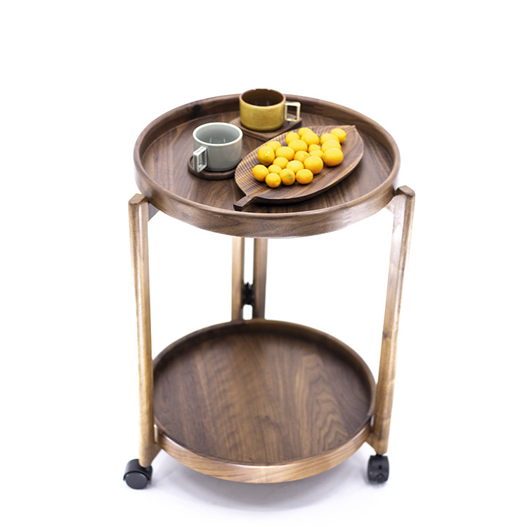 Modern Luxury Round Side Table Double-layered Sofa Side Table Wooden Coffee Table With Caster Wheel