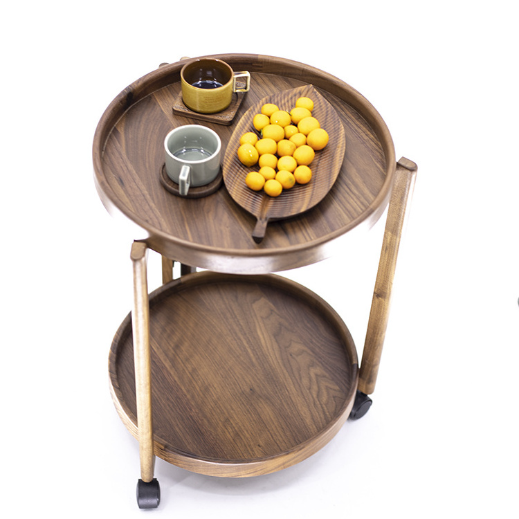 Modern Luxury Round Side Table Double-layered Sofa Side Table Wooden Coffee Table With Caster Wheel