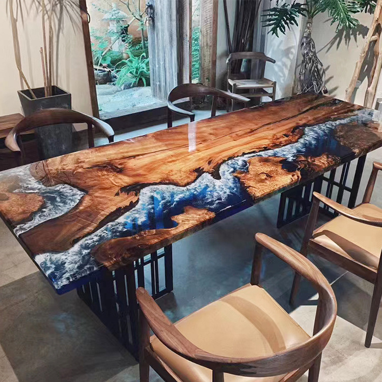 Beautiful Live Edge Pterocarpus Erinaceus Poir Wood Dining Table With Epoxy Colorful River Resin