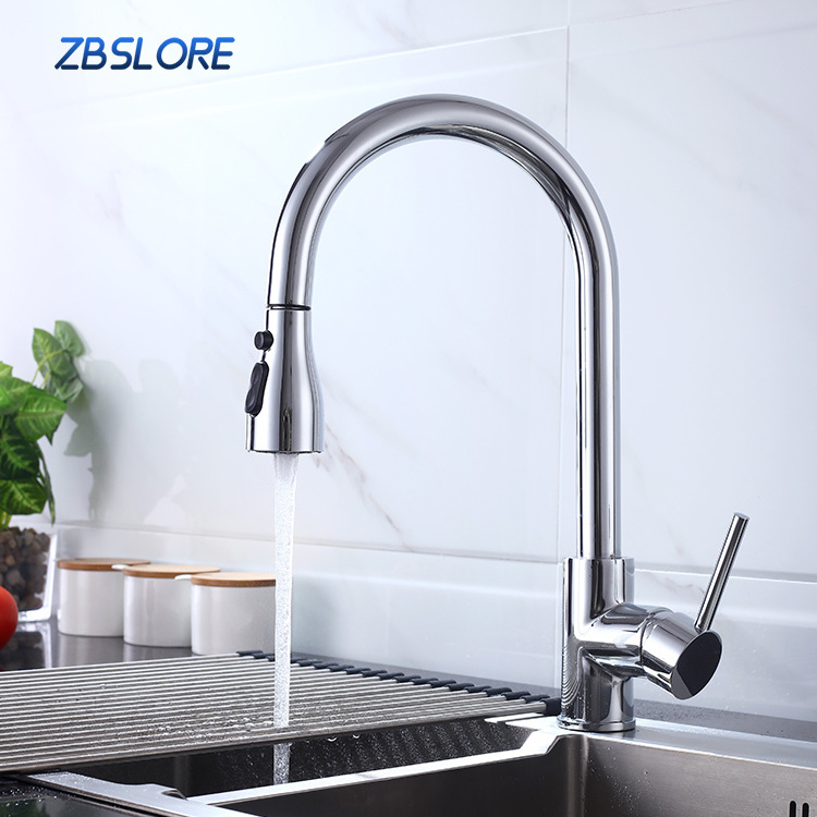 Kitchen Sink Chromed Pull Out Kitchen Faucet With Retractable Ball