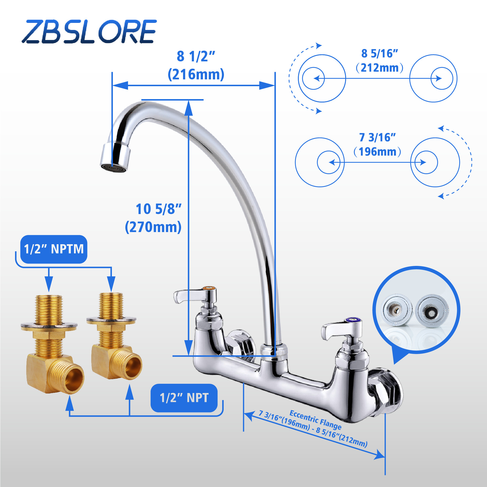 Kitchen Mixer Faucet Chrome Dual Handle Wall Mounted Kitchen Mixer Faucet