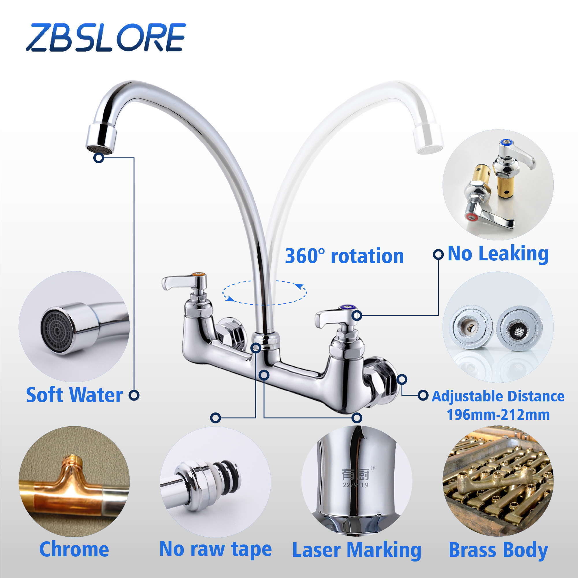 Kitchen Mixer Faucet Chrome Dual Handle Wall Mounted Kitchen Mixer Faucet