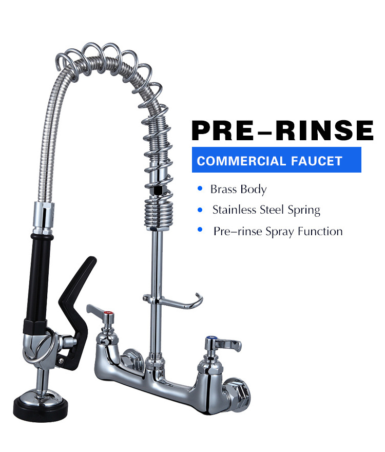 Restaurant Pre Rinse Assembly Wall Mount Commercial Faucet With Sprayer 8 Center 21 Inch