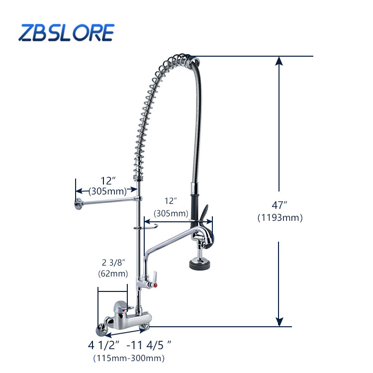 8''Wall Mounted Pre Rinse Pull Down Spray Commercial Faucet For Restaurants