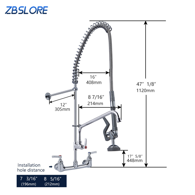 Modern Style Professional Rotatable Commercial Chrome Polished Pull Out Sprayer Spring Wall Mount Dual Handle Kitchen Faucet