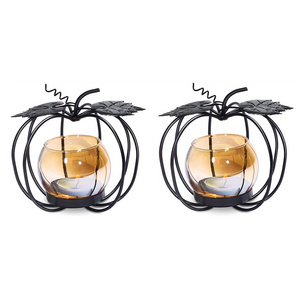 Handmade Matte Black Iron Tea Light Candle Holder Pumpkin Glass Votive Candle Holder Indoor Romantic Decor Halloween Box