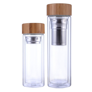 Double Wall Vacuum Tea Cup With Infuse Strainer Stainless Steel Wholesale Glass Tea Infuse Water Bottle Bamboo Lid