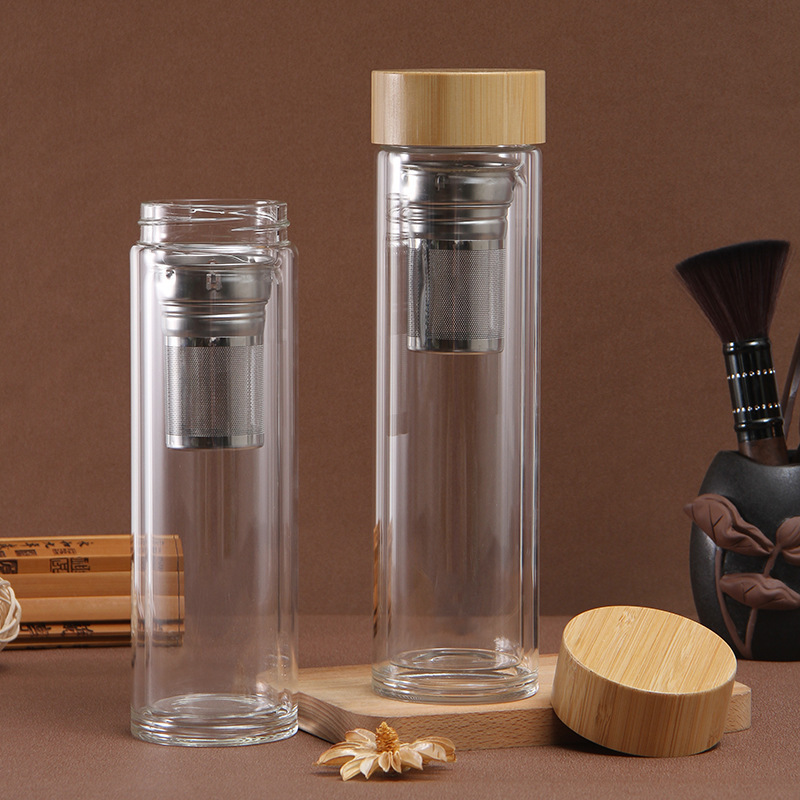 Double Wall Vacuum Tea Cup With Infuse Strainer Stainless Steel Wholesale Glass Tea Infuse Water Bottle Bamboo Lid