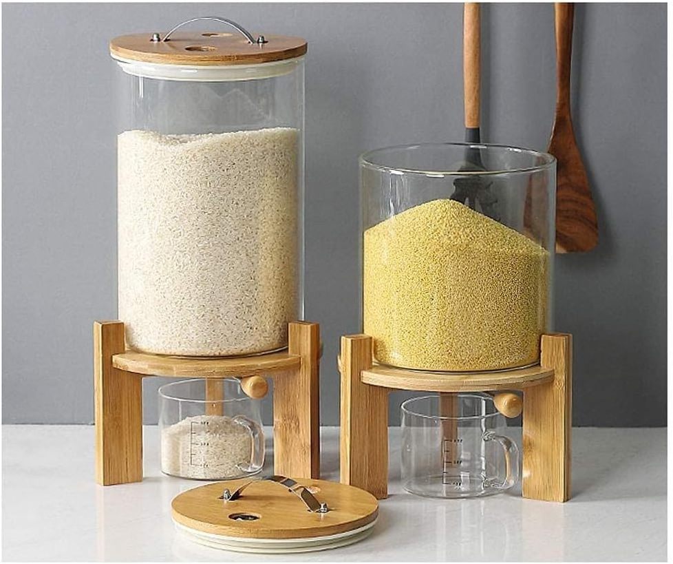 5L 8L Airtight Automatic Glass Rice Dispenser With Spout Measuring Cup Wooden Lid For Kitchen Pantry