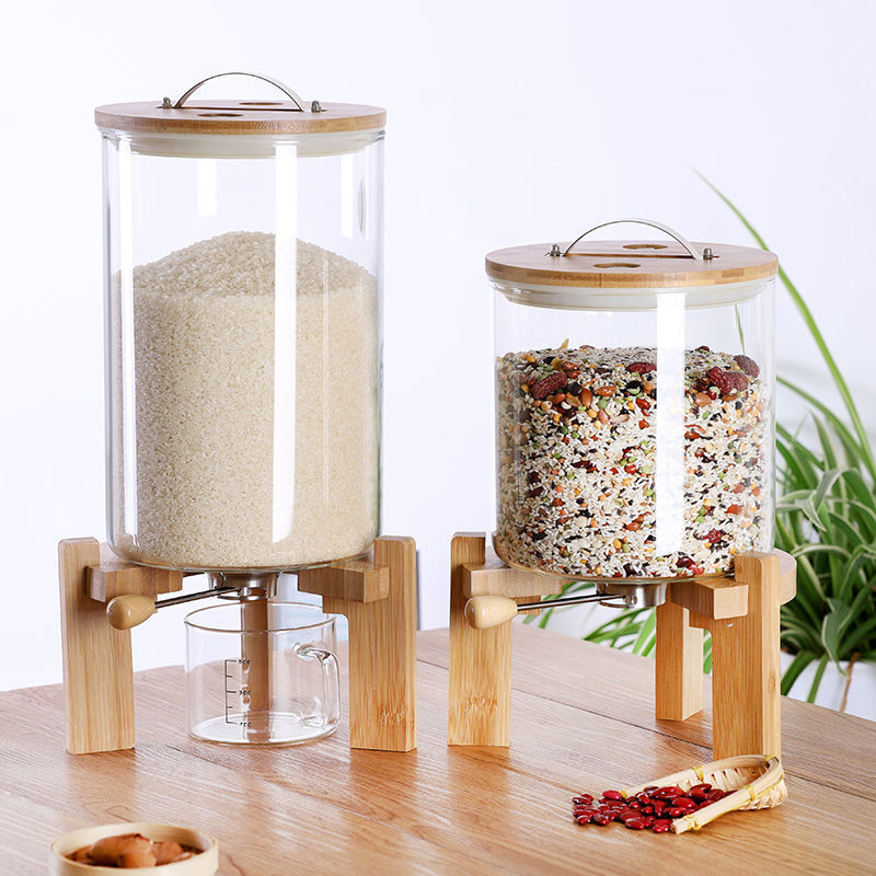 5L 8L Airtight Automatic Glass Rice Dispenser With Spout Measuring Cup Wooden Lid For Kitchen Pantry