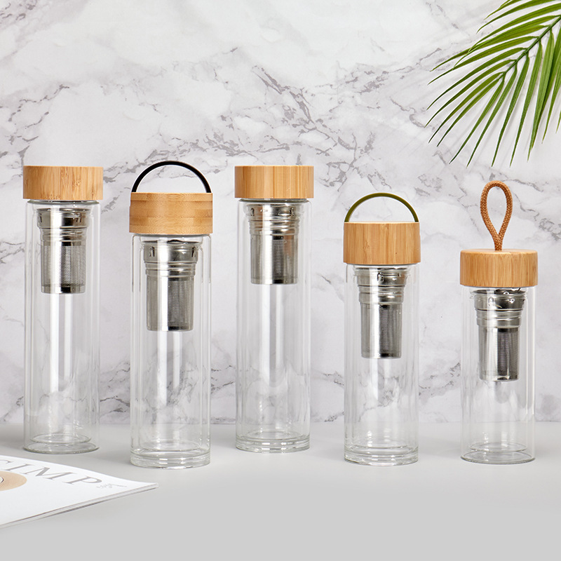 Double Wall Vacuum Tea Cup With Infuse Strainer Stainless Steel Wholesale Glass Tea Infuse Water Bottle Bamboo Lid