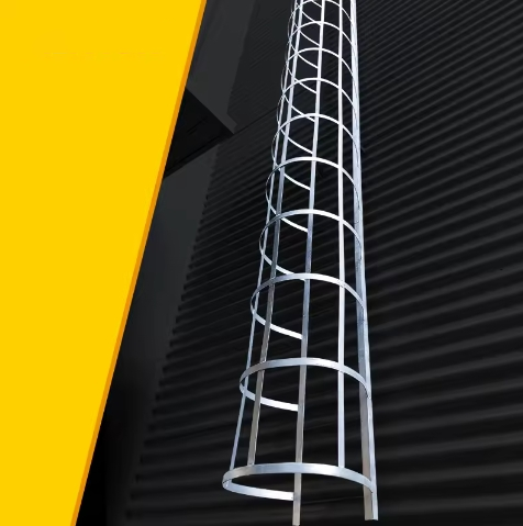 Industrial Outdoor Vertical Cage Ladders Aluminum Material Safety Cat Cage Step Ladder For Fire Escape Access