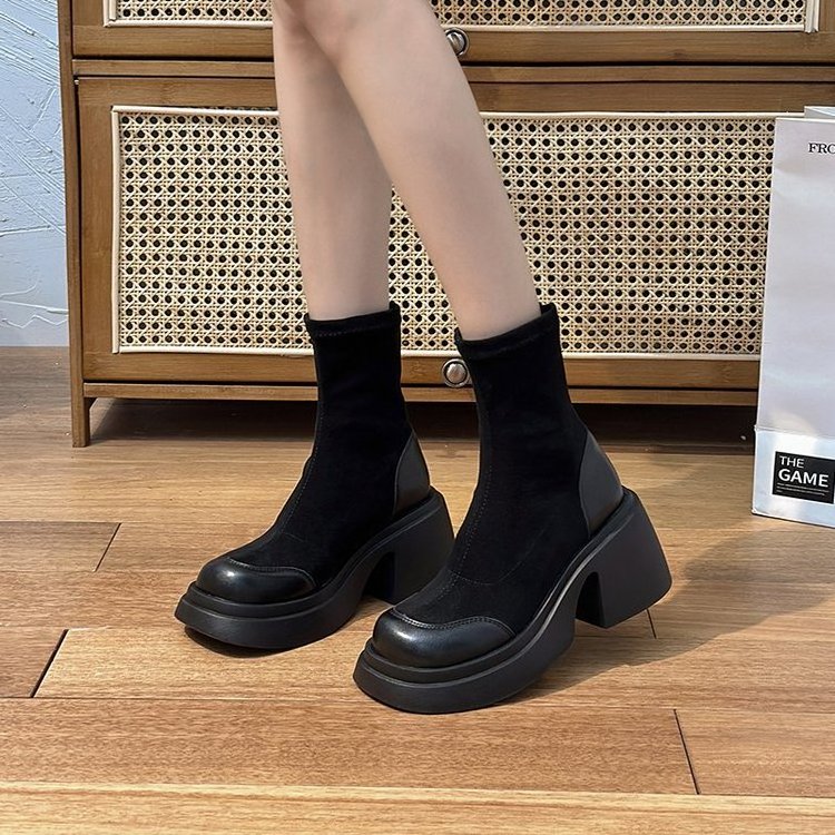 2023 New British Style High Heel Fashion Boots Women Retro Chunky Heel Boots Thick Bottom Stretch Thin Boots Women