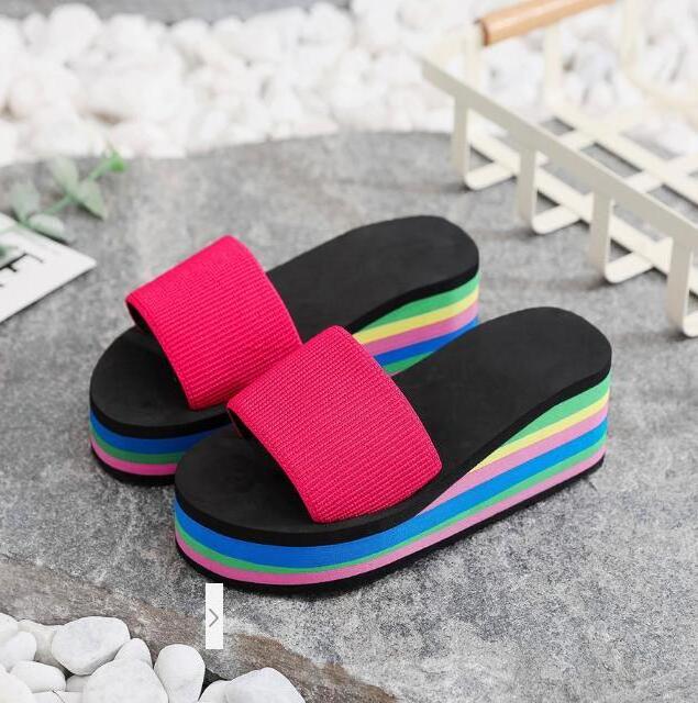 Wholesale Summer Flat Bottom Wedge Bath Slippers Rainbow Beach Thick Heel Colorful Women's Flip Flops Slippers