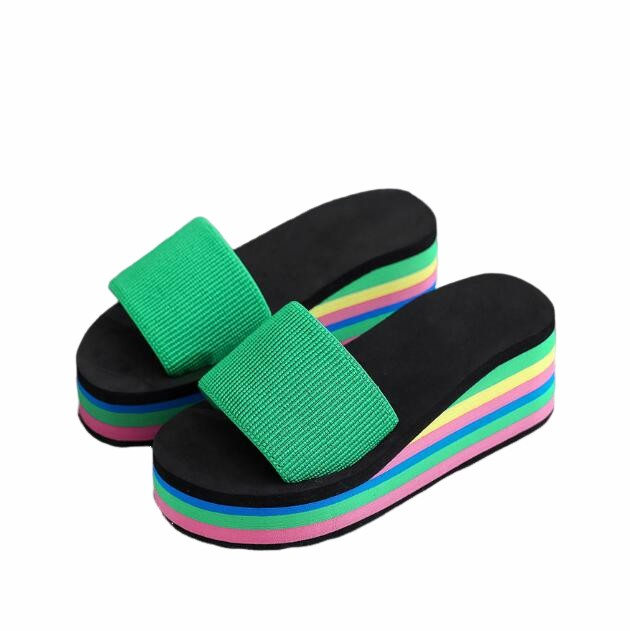 Wholesale Summer Flat Bottom Wedge Bath Slippers Rainbow Beach Thick Heel Colorful Women's Flip Flops Slippers