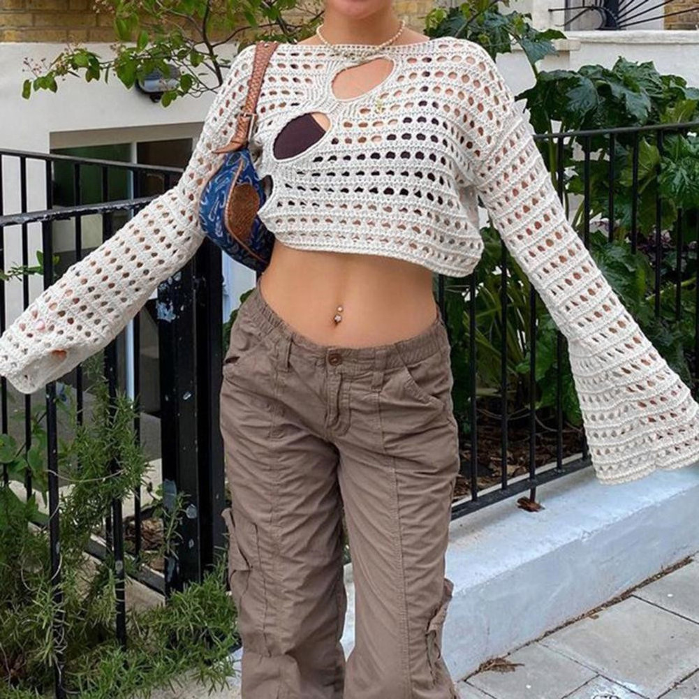 2022 Sexy Cropped Top Sweater Knitting Women Blouse Y2K Hollow Out Cropped Knit Top Vintage  Distressed Crochet Pullovers