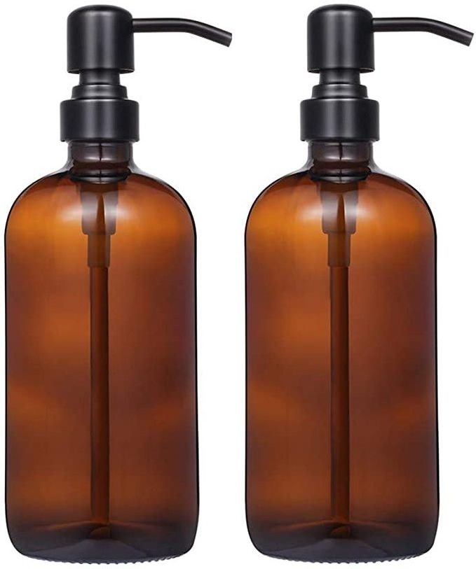 Hot Selling 480ml  Amber Glass Pint Jar Soap Dispenser with Matte Black Stainless Steel Pump Wholesaler