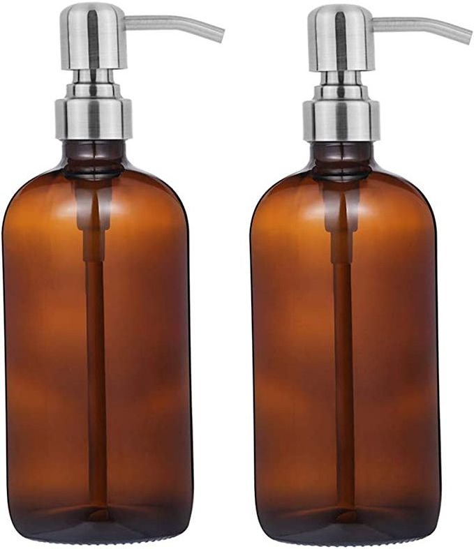 Hot Selling 480ml  Amber Glass Pint Jar Soap Dispenser with Matte Black Stainless Steel Pump Wholesaler