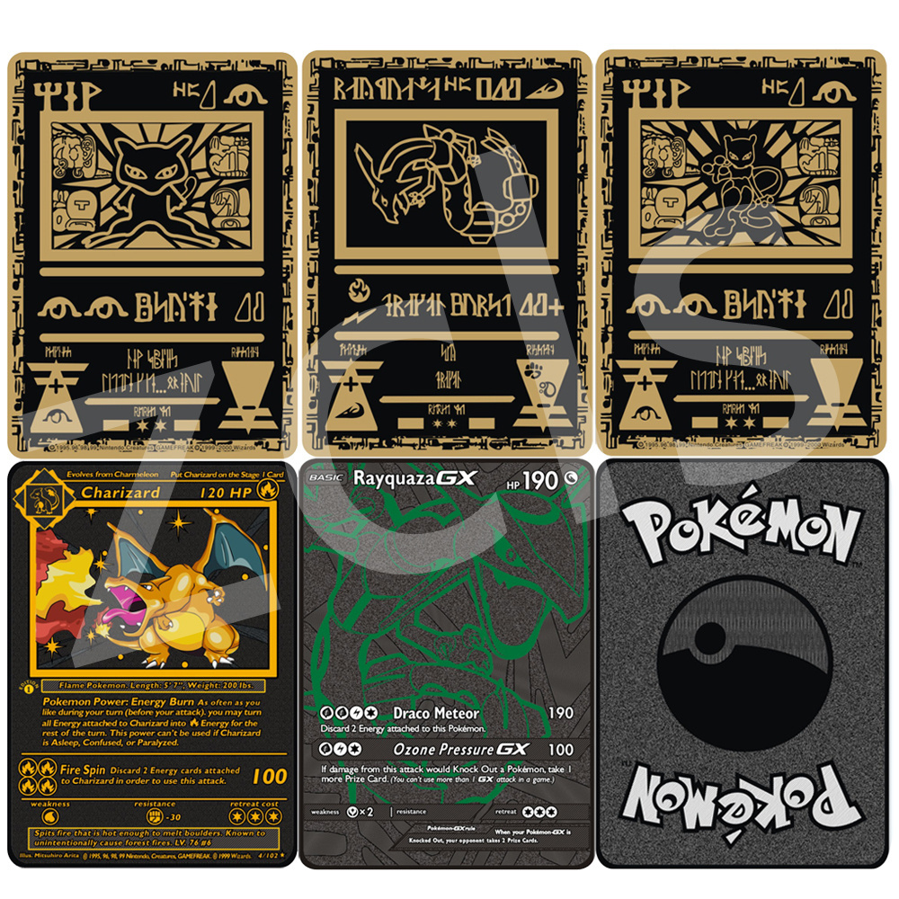 In Stock Gold Metal Rainbow Pikachu Vmax Charizard Poke mon Cards New Trading Cards Collection Game Dragon pearl Nar uto