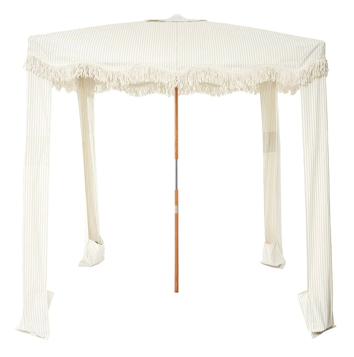 Luxury Canvas Wood Pole Canopy Cool beach accessories umbrella with 4 leg and cotton fringes cabana for events party park