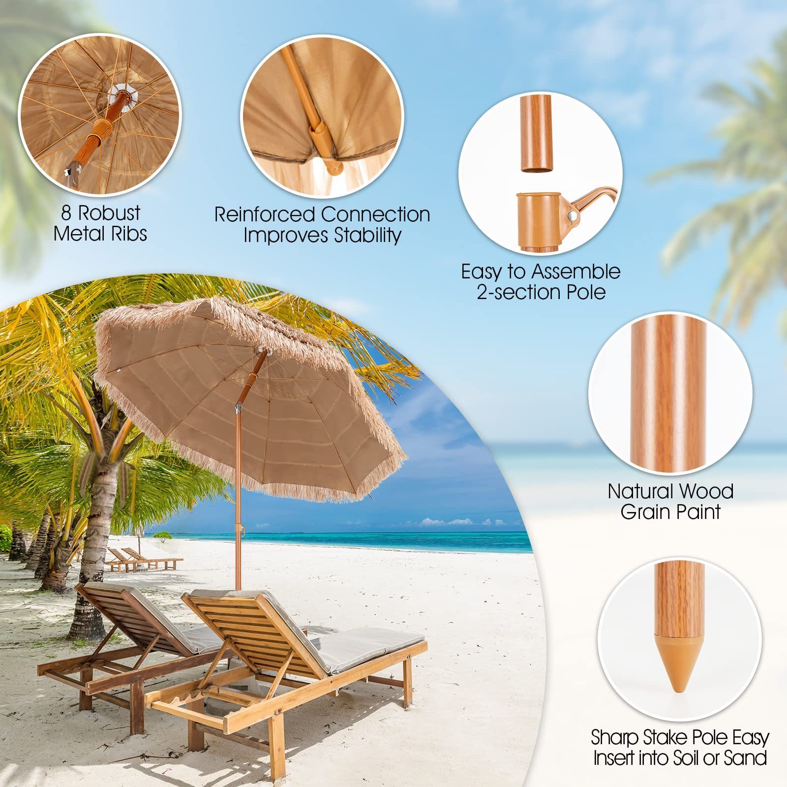 7Ft Thatch Patio Tiki Hot Creative Customized  Portable Hula Cheap  portable beach umbrella Outdoor Hawaii Parasols