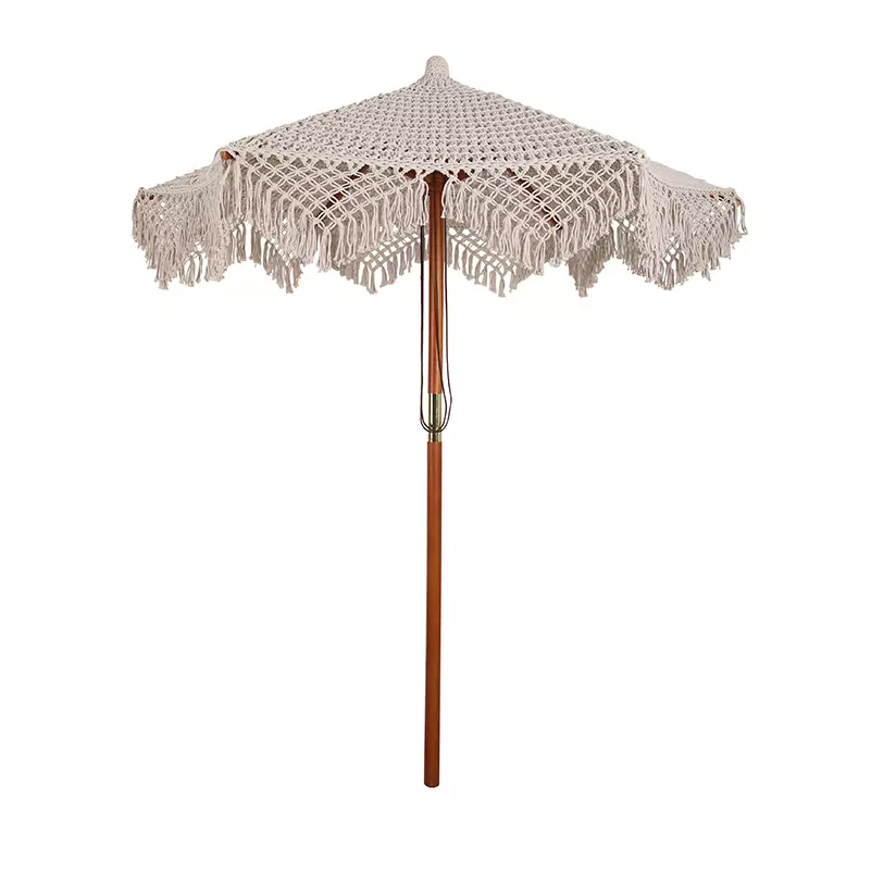 Quality Crochet Patio Wooden Umbrella Handmade Cotton Tassels 2.5m Parasol Macrame Ropes Open Umbrella With Fringe