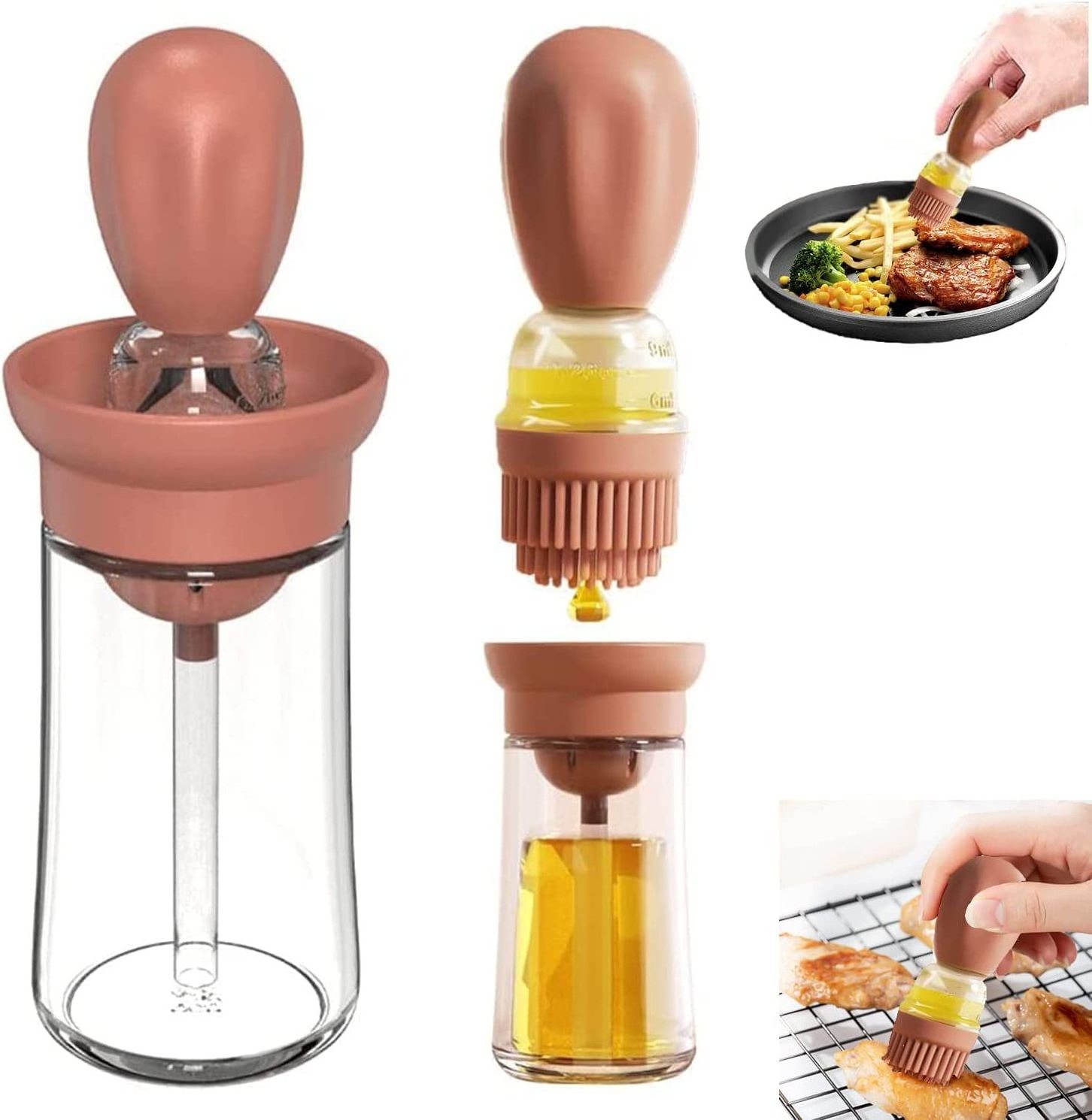 Kitchen Olive Oil Glass Dispenser Bottle with Silicone Brush for Cooking 180ml Dropper Measuring Oil Bottle for Air Fryer BBQ