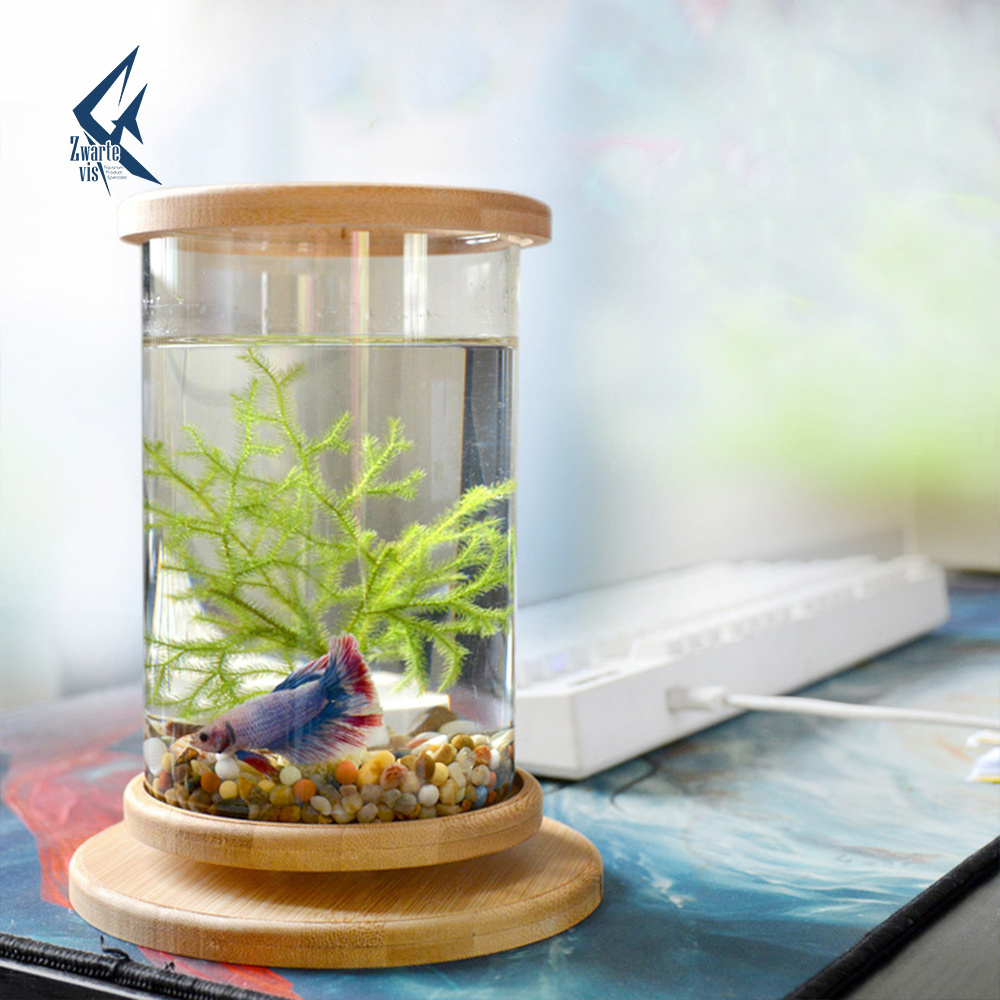 Aquarium A 360 Degree Rotating Glass Betta Fish Tank Bamboo Base Mini Fish Tank Decoration Rotate Fish Bowl Aquarium Accessories