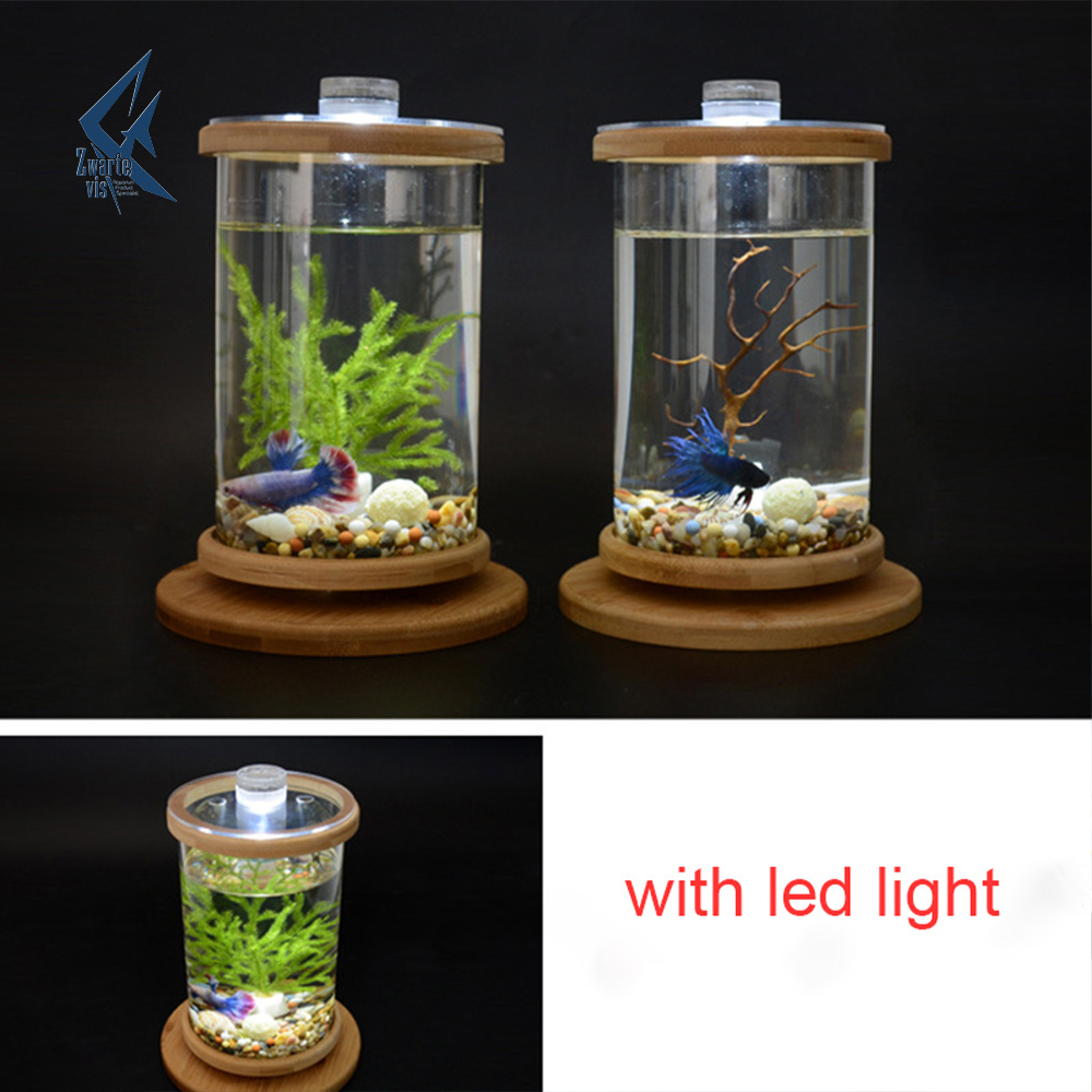 Aquarium A 360 Degree Rotating Glass Betta Fish Tank Bamboo Base Mini Fish Tank Decoration Rotate Fish Bowl Aquarium Accessories