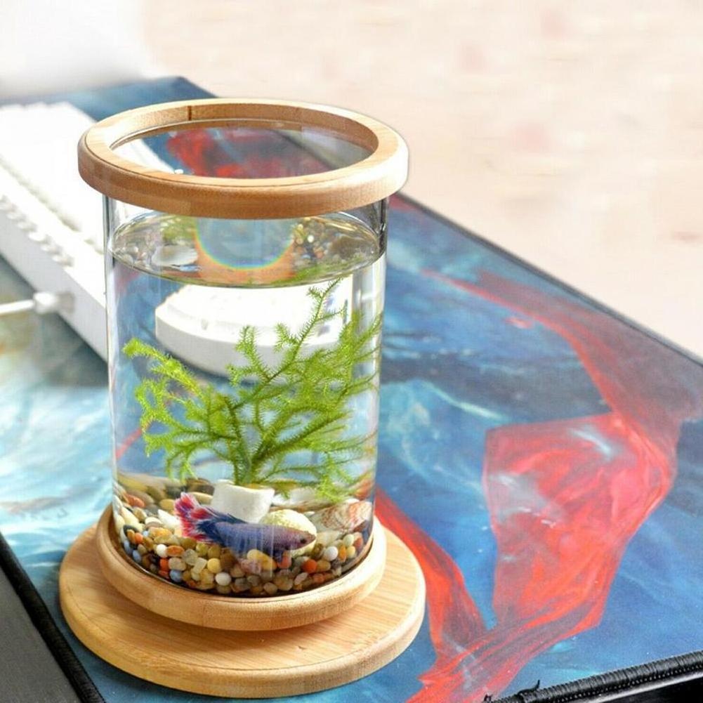 Aquarium A 360 Degree Rotating Glass Betta Fish Tank Bamboo Base Mini Fish Tank Decoration Rotate Fish Bowl Aquarium Accessories