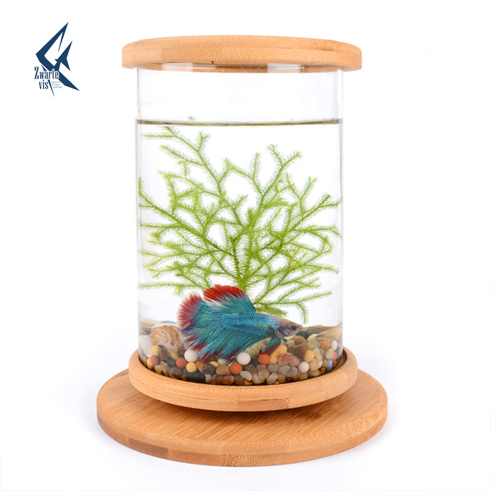 Aquarium A 360 Degree Rotating Glass Betta Fish Tank Bamboo Base Mini Fish Tank Decoration Rotate Fish Bowl Aquarium Accessories