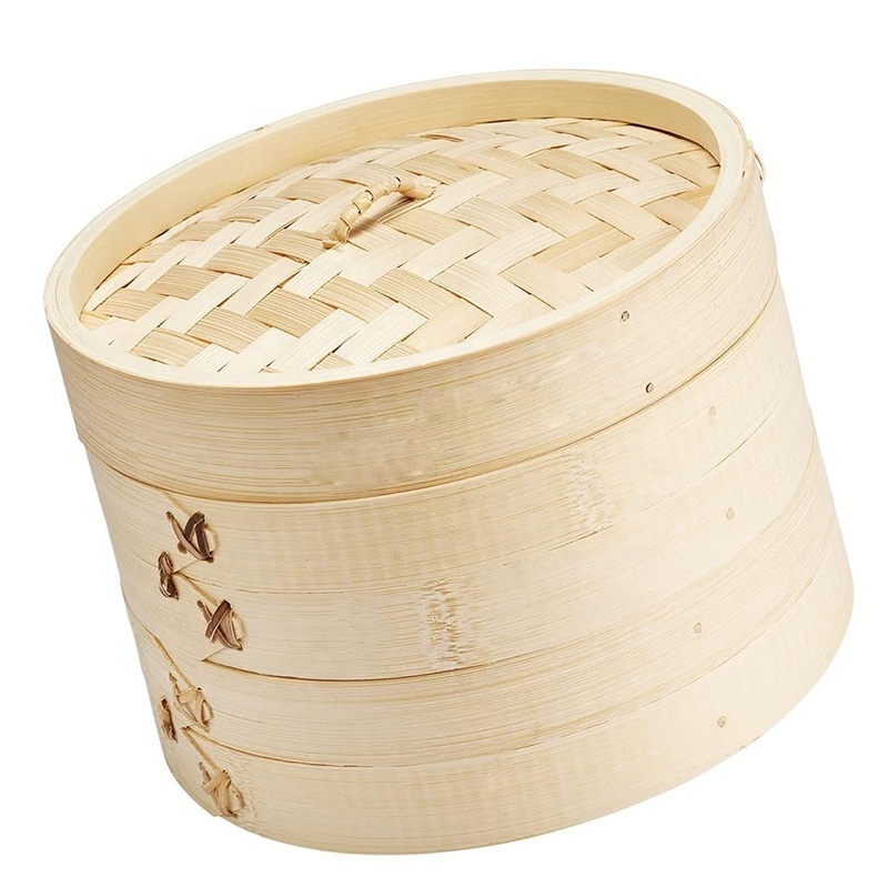 Wholesale 2 Steamers + 1 Lid  Chinese Food Rice Vegetable Dim Sum Dumpling Buns Chicken Meat Seafood Bamboo Steamer Basket