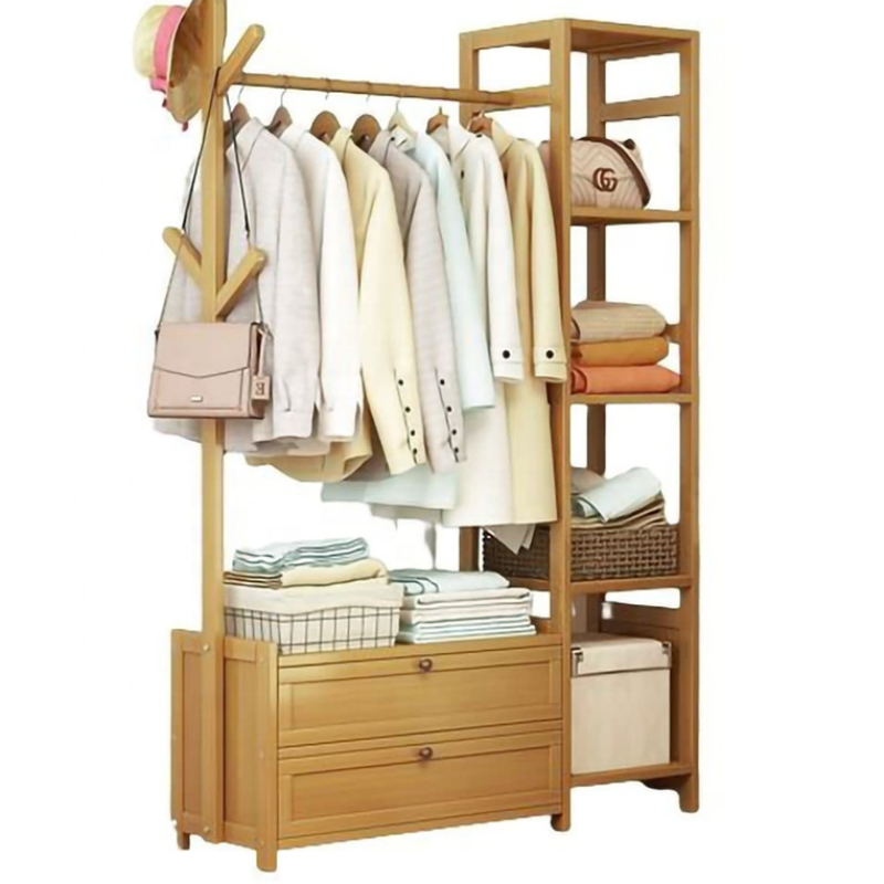 Living Room Bedroom Bamboo Modern Open Wardrobe Garment Display Rack with Drawers