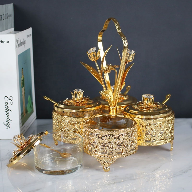 Factory custom gold plated sugar bowl set with spoon turkish glass sugar bowl pot salt cup