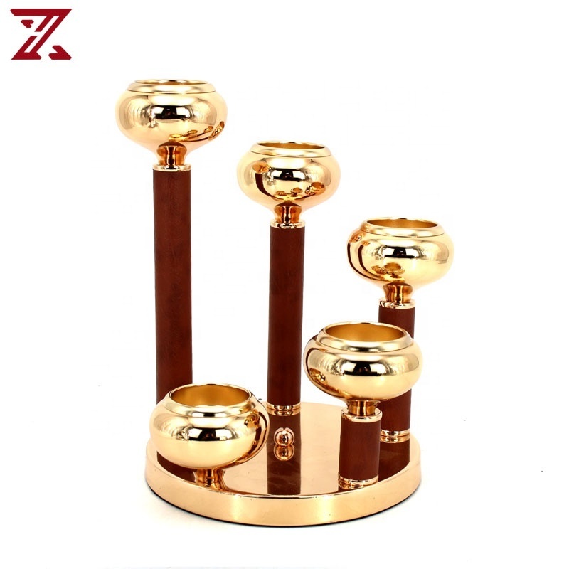 Factory wholesale gold base 5 arms metal candelabra centerpiece leather candle holder stand set