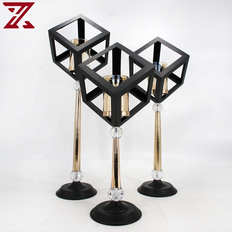 Factory promotion geometry black candle holder personality metal pillar with glass lid candle holders