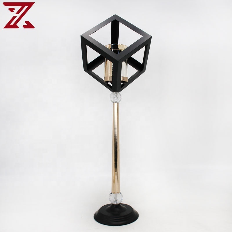 Factory promotion geometry black candle holder personality metal pillar with glass lid candle holders