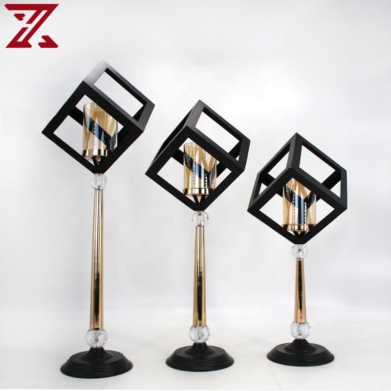 Factory promotion geometry black candle holder personality metal pillar with glass lid candle holders