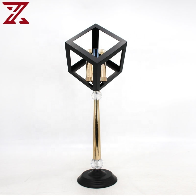 Factory promotion geometry black candle holder personality metal pillar with glass lid candle holders