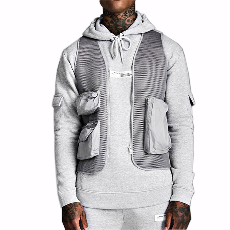 Fashion wholesale mens gray mesh vest with customized utility cargo pockets