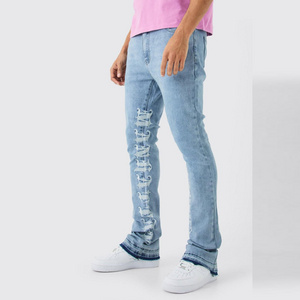 Cuustom mens stacked jeans inside letter embroidery logo design baggy jeans pant for men