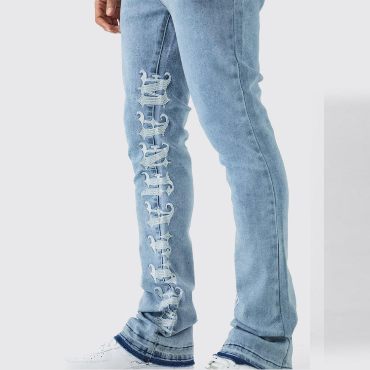 Cuustom mens stacked jeans inside letter embroidery logo design baggy jeans pant for men