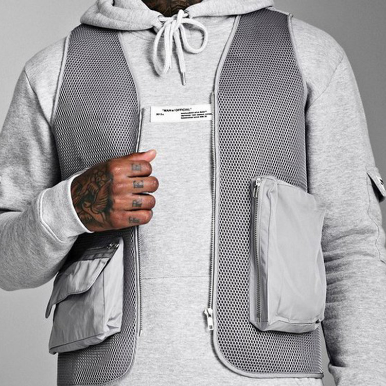 Fashion wholesale mens gray mesh vest with customized utility cargo pockets