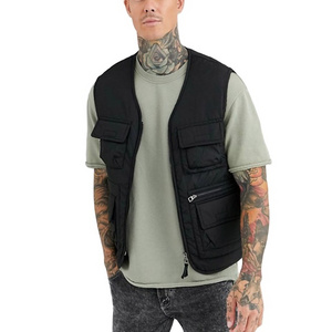 Custom design mens black utility pockets zipper fly utility cargo quilted vest wholesale